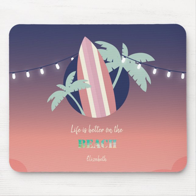 Palms,Surfboard,String Lights Beach Mouse Pad (Front)