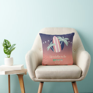 Palms,Surfboard,String Lights Beach Throw Pillow