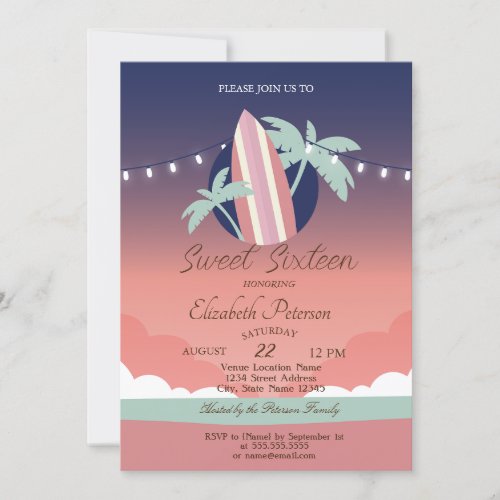 PalmsSurfing Board Summer Sweet 16 Party  Invitation