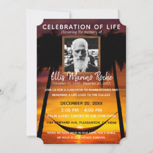 Palms Tree Beach Sunset Celebration of Life Photo Invitation