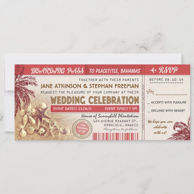 palms wedding boarding pass tickets invitation (Front)