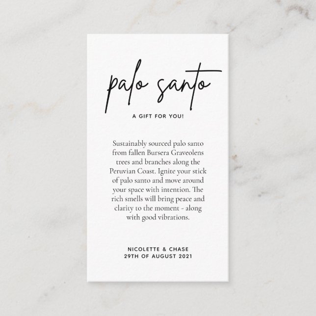 Palo Santo Wedding Favor Card (Front)