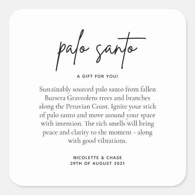 Palo Santo Wedding Favor Square Sticker (Front)
