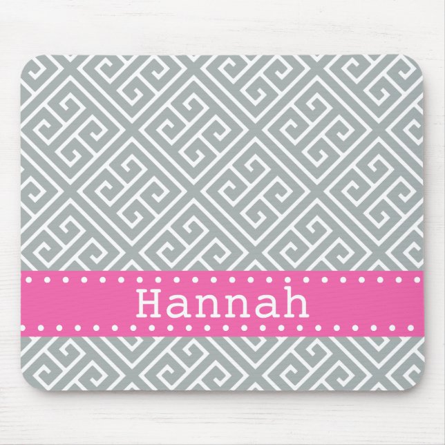 Paloma Grey White Greek Key Pattern Pink Template Mouse Pad (Front)