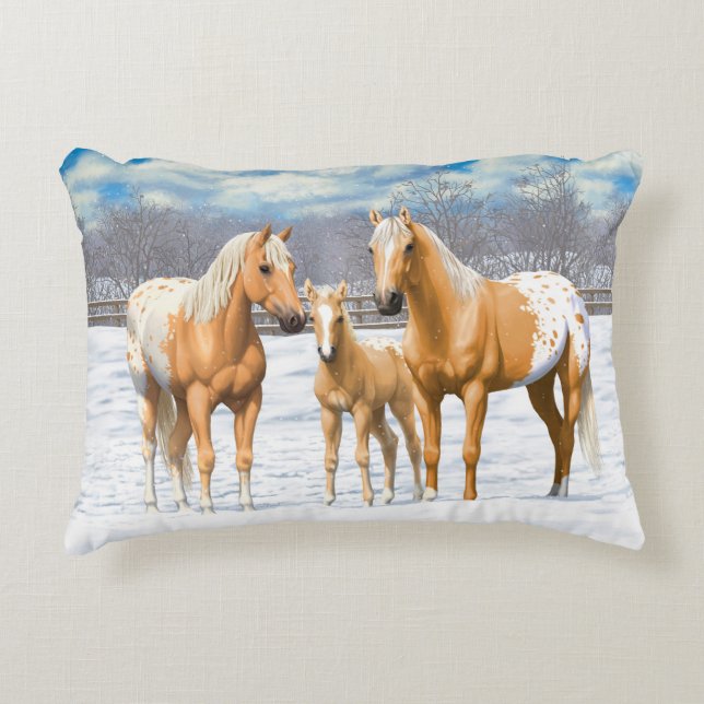 Palomino Appaloosa Horses In Snow Accent Pillow (Front)
