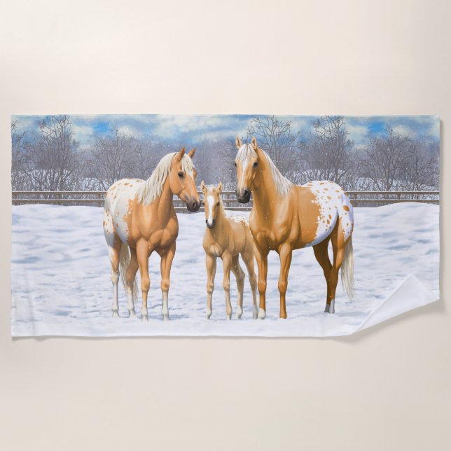 Palomino Appaloosa Horses In Snow Beach Towel (Front)