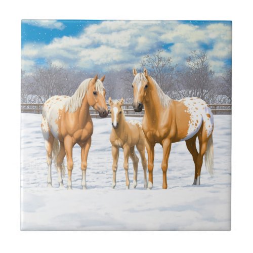 Palomino Appaloosa Horses In Snow Ceramic Tile
