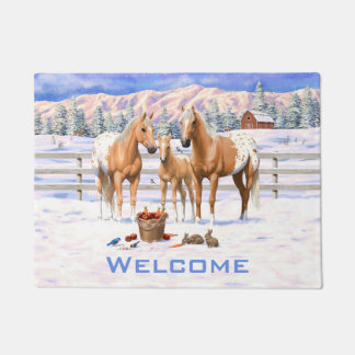 Palomino Appaloosa Horses In Snow Doormat
