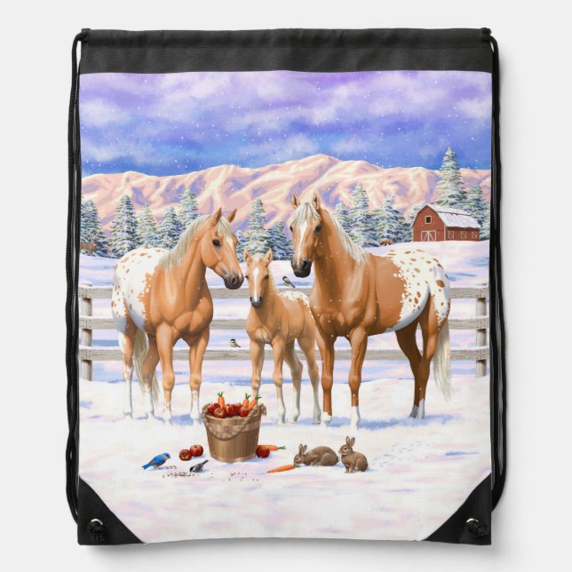 Palomino Appaloosa Horses In Snow Drawstring Bag (Front)