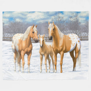 Palomino Appaloosa Horses In Snow Fleece Blanket