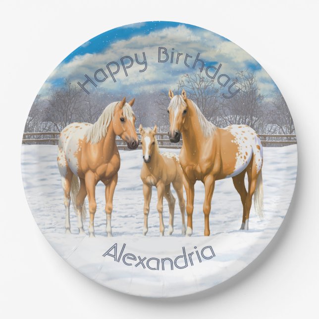 Palomino Appaloosa Horses In Snow Paper Plates (Front)