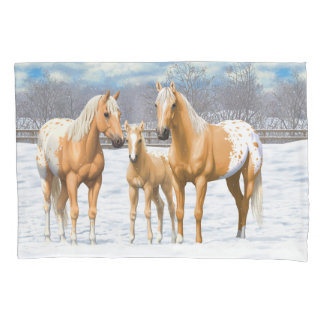 Palomino Appaloosa Horses In Snow Pillow Case