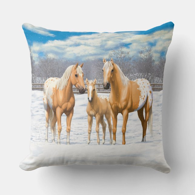 Palomino Appaloosa Horses In Snow Throw Pillow (Front)