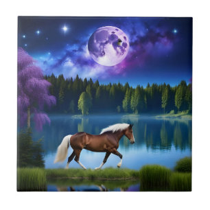 Palomino Belgian Horse under a Purple Starry Sky Ceramic Tile