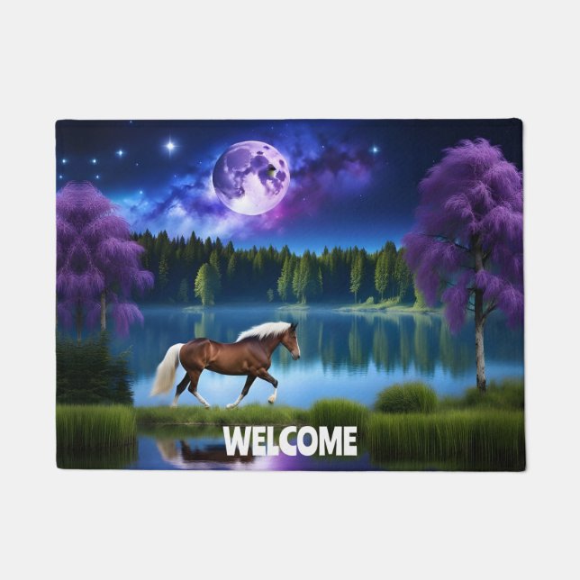 Palomino Belgian Horse under a Purple Starry Sky Doormat (Front)