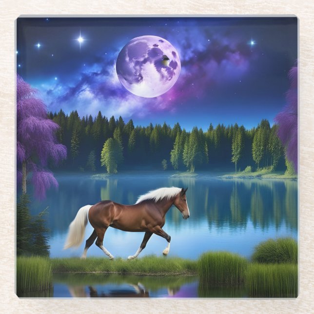 Palomino Belgian Horse under a Purple Starry Sky Glass Coaster (Front)
