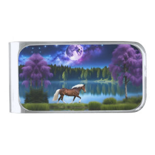 Palomino Belgian Horse under a Purple Starry Sky Silver Finish Money Clip