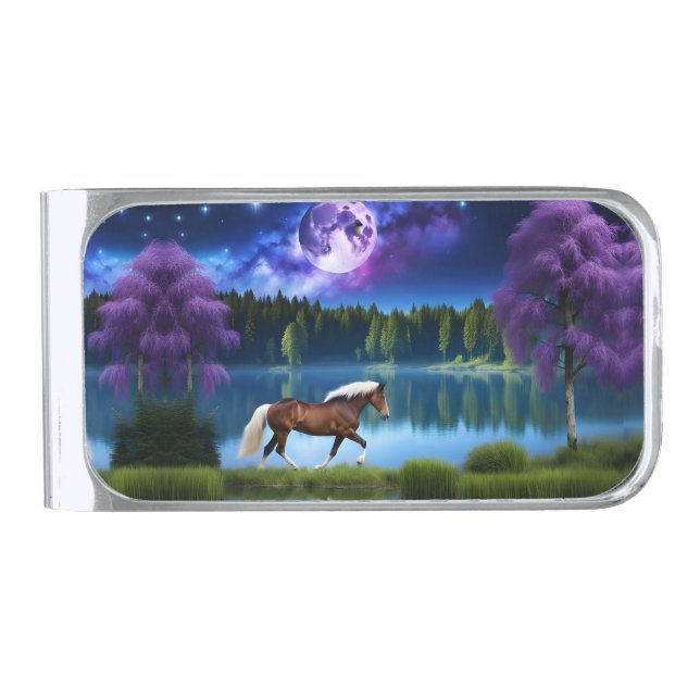 Palomino Belgian Horse under a Purple Starry Sky Silver Finish Money Clip (Front)