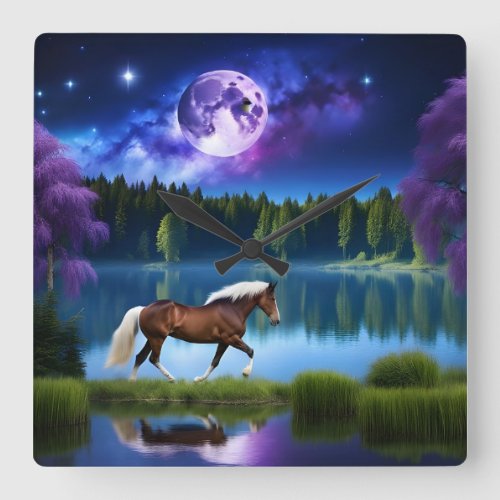 Palomino Belgian Horse under a Purple Starry Sky Square Wall Clock