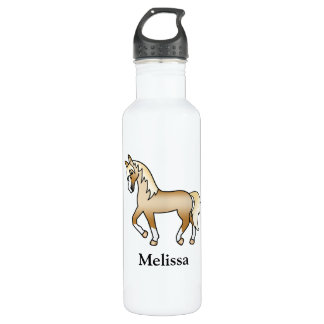 Palomino Cartoon Trotting Horse &amp; Custom Name Stainless Steel Water Bottle