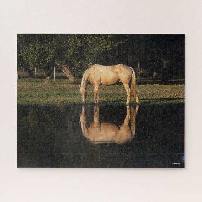 Palomino Grazing By Lake With Reflection Jigsaw Puzzle (Horizontal)