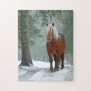 Palomino Horse in Winter Snow in Forrest Jigsaw Puzzle