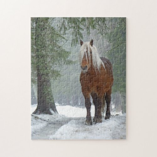 Palomino Horse in Winter Snow in Forrest Jigsaw Puzzle
