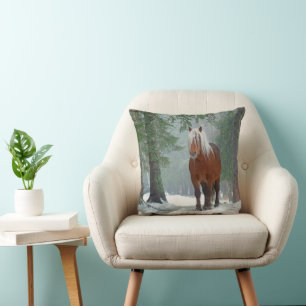 Palomino Horse in Winter Snow Throw Pillow