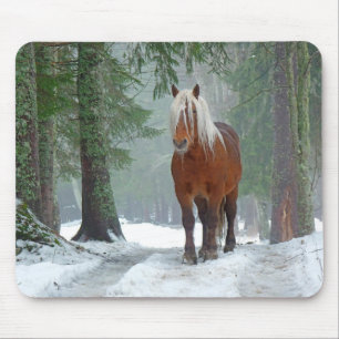 Palomino Horse in Winter Snow With Pine Trees Mouse Pad
