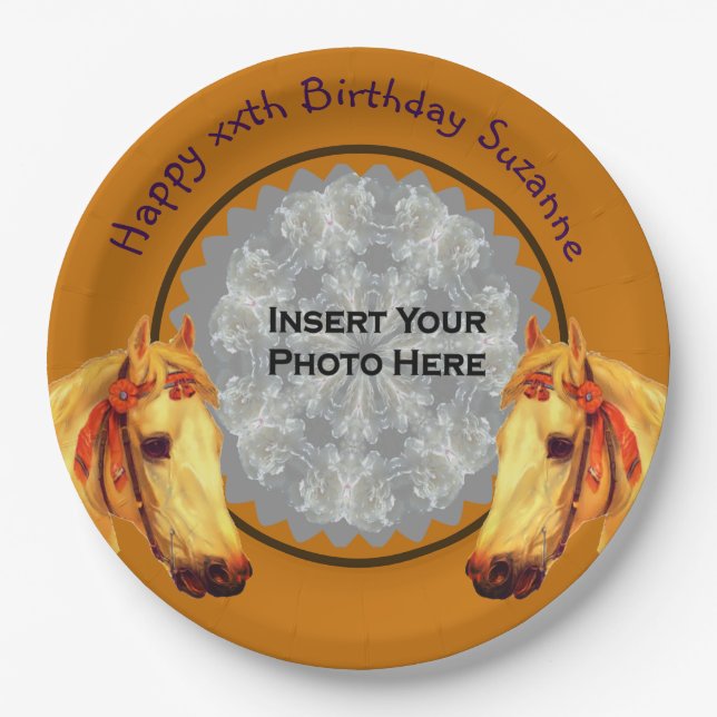 Palomino Horse Personalized Photo Birthday Party Paper Plates (Front)