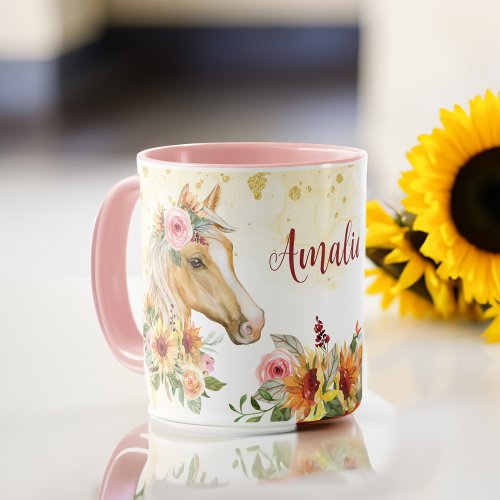 Palomino Horse sunflowers personalized name mug