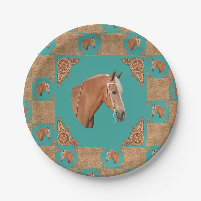 Palomino Horse With Leather Print Western Party Paper Plates (Front)