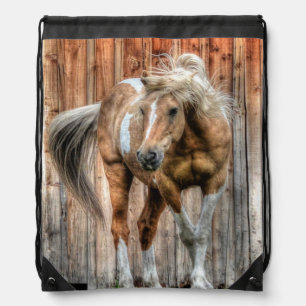 Palomino Paint Horse and Barn Equine photo Drawstring Bag
