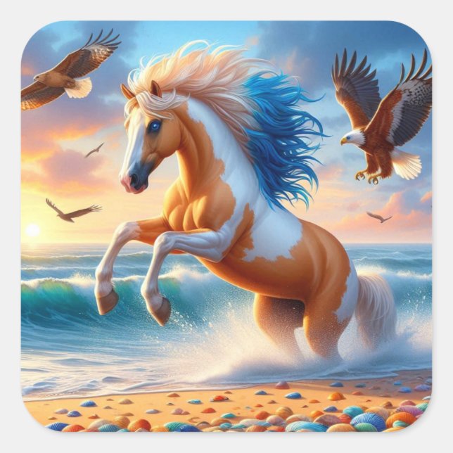 Palomino Paint Horse Ocean Square Sticker (Front)