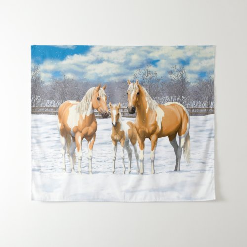 Palomino Paint Horses In Snow Tapestry
