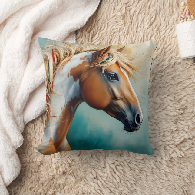 Palomino Paint Mustang Portrait Throw Pillow (Blanket)