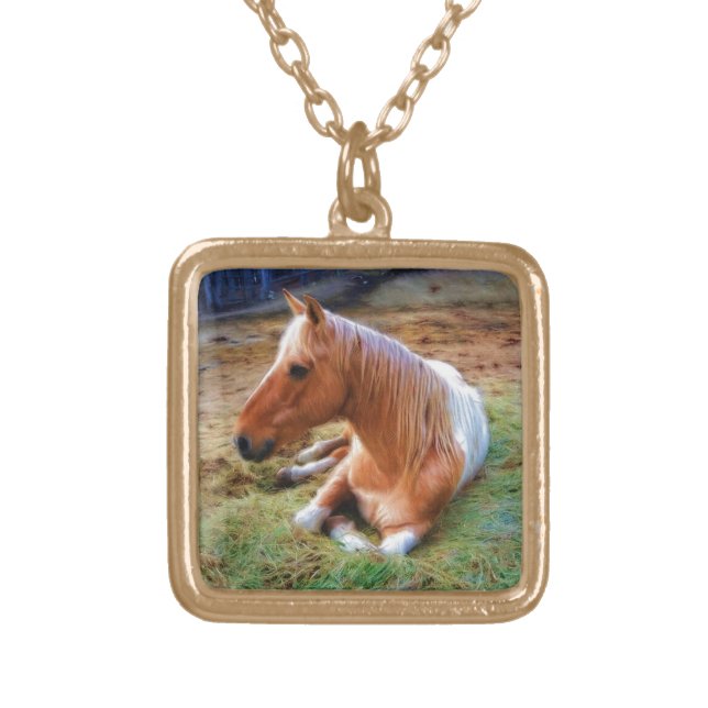 Palomino Pinto Horse Resting Artwork Gold Plated Necklace (Front)
