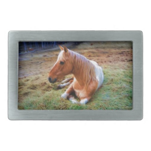 Palomino Pinto Horse Resting Artwork Rectangular Belt Buckle