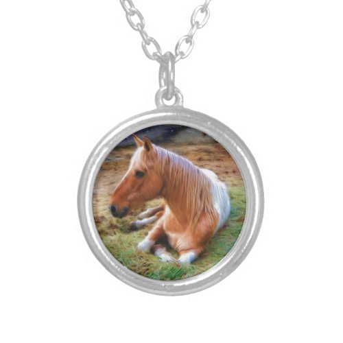 Palomino Pinto Horse Resting Artwork Silver Plated Necklace