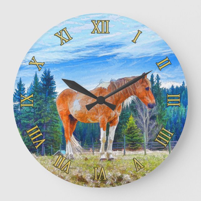 Palomino Pinto in Field and Forest Scene Large Clock (Front)