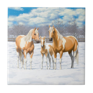 Palomino Pinto Paint Quarter Horses In Snow Ceramic Tile