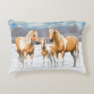 Palomino Pinto Paint Quarter Horses In Snow Decorative Pillow