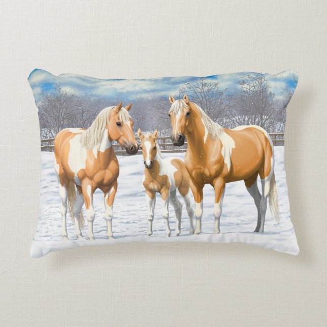 Palomino Pinto Paint Quarter Horses In Snow Decorative Pillow (Front)
