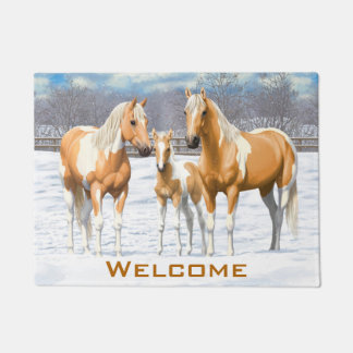 Palomino Pinto Paint Quarter Horses In Snow Doormat