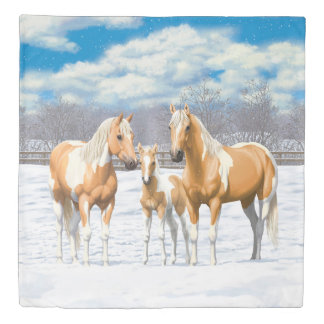 Palomino Pinto Paint Quarter Horses In Snow Duvet Cover