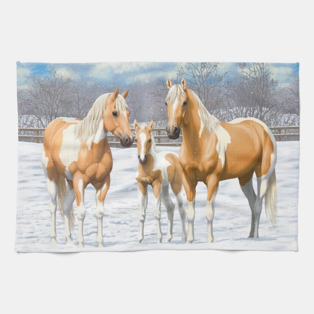Palomino Pinto Paint Quarter Horses In Snow Kitchen Towel (Horizontal)