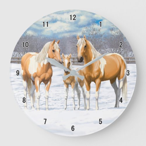 Palomino Pinto Paint Quarter Horses In Snow Large Clock