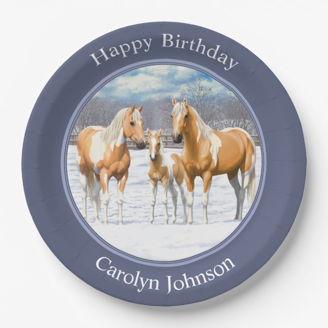 Palomino Pinto Paint Quarter Horses In Snow Paper Plates (Front)