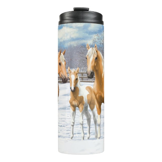 Palomino Pinto Paint Quarter Horses In Snow Thermal Tumbler (Front)