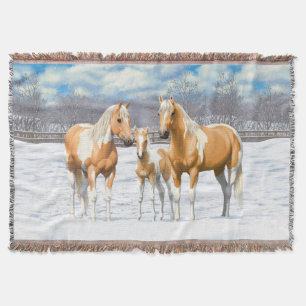 Palomino Pinto Paint Quarter Horses In Snow Throw Blanket